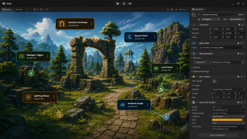 Unity Editor Scene view with Brainloot Scene pins on GameObjects and the Inspector showing a Scene Pin component